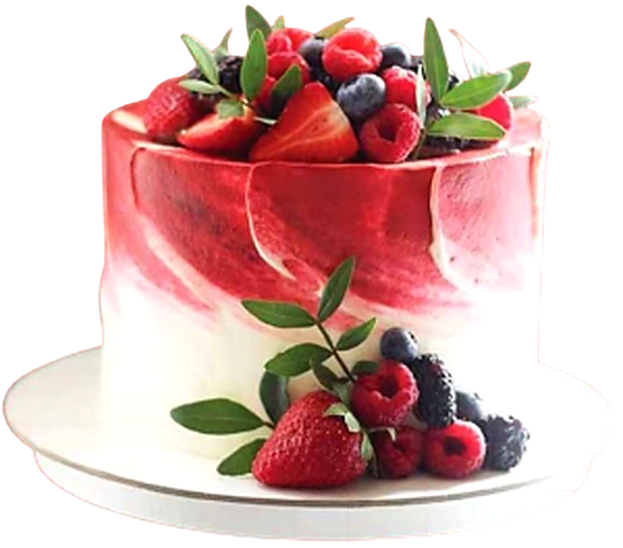 Berry cake with red watercolour frosting, topped with fresh raspberries, blueberries and strawberries