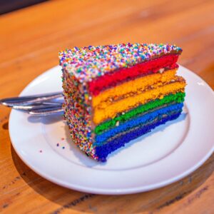 A generous slice of rainbow cake: a useful picture when planning how much cake you need